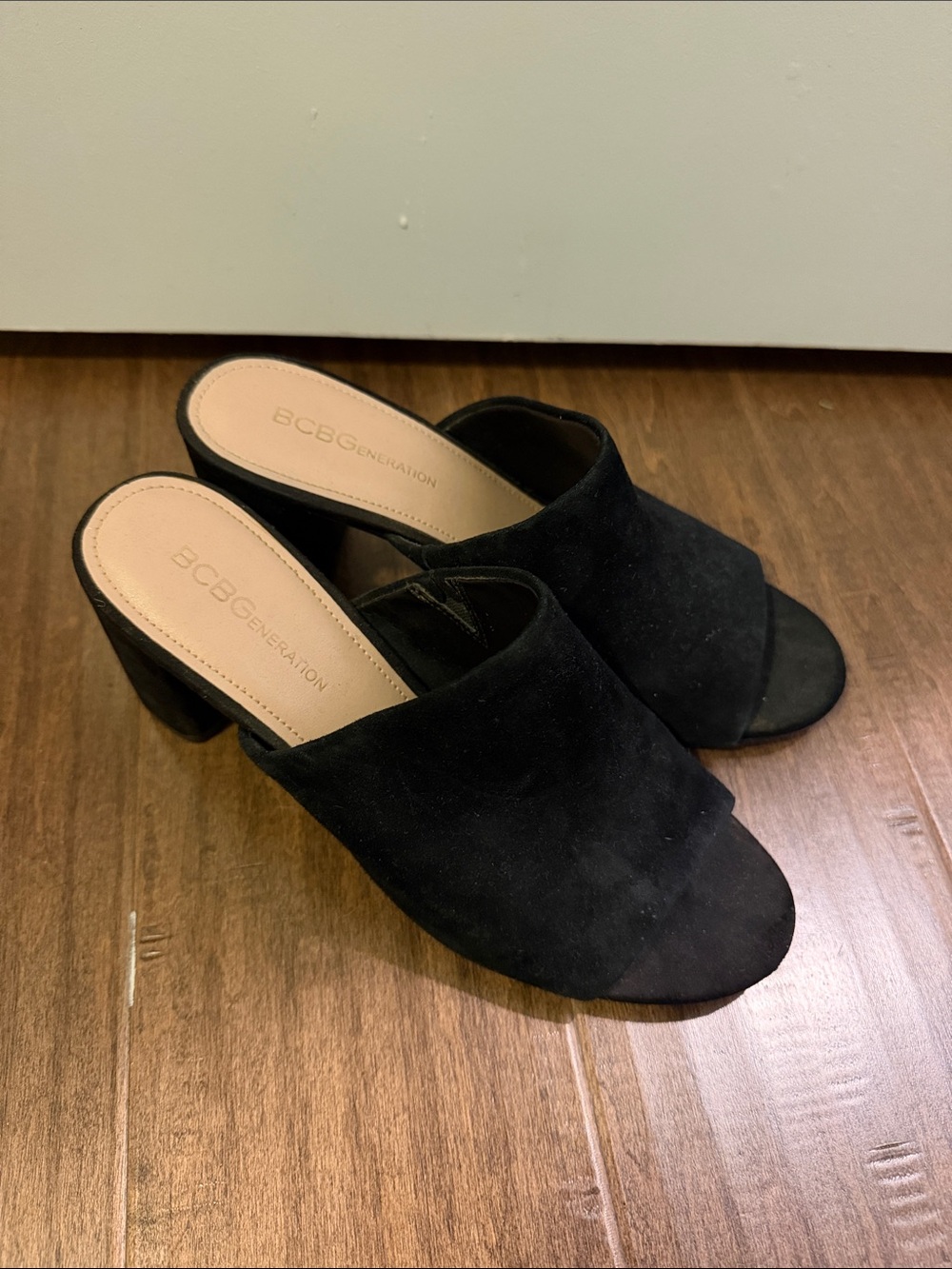 BCBGeneration Black Suede Open-Toe Block Heel Mules
